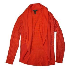 Lauren Ralph Lauren Orange Cable Knit Open Front Cardigan M Shawl Collar Long
